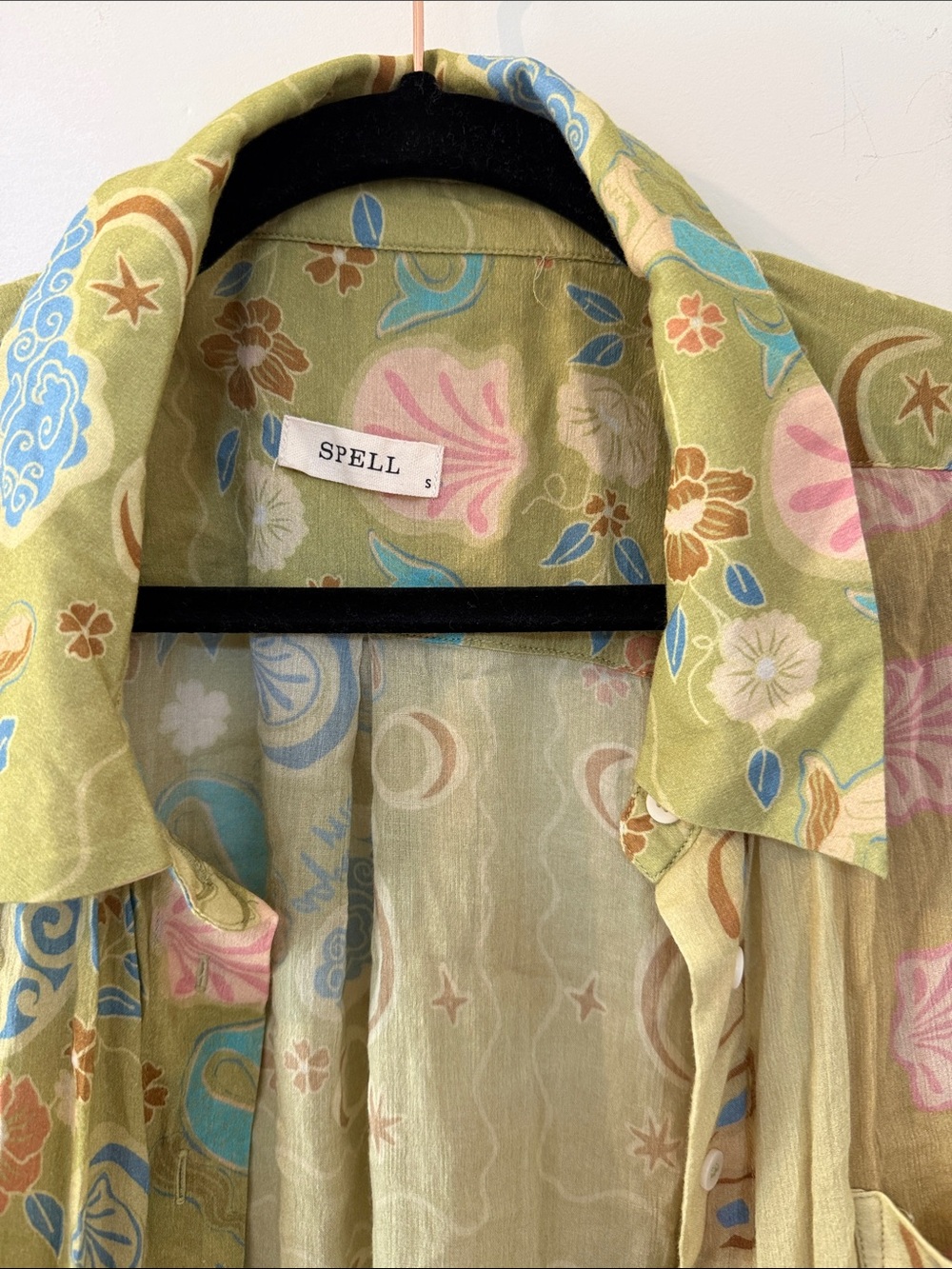 Spell Pastel Floral Button-Front Shirt in Green, Pink and Blue - Picture 2 of 5